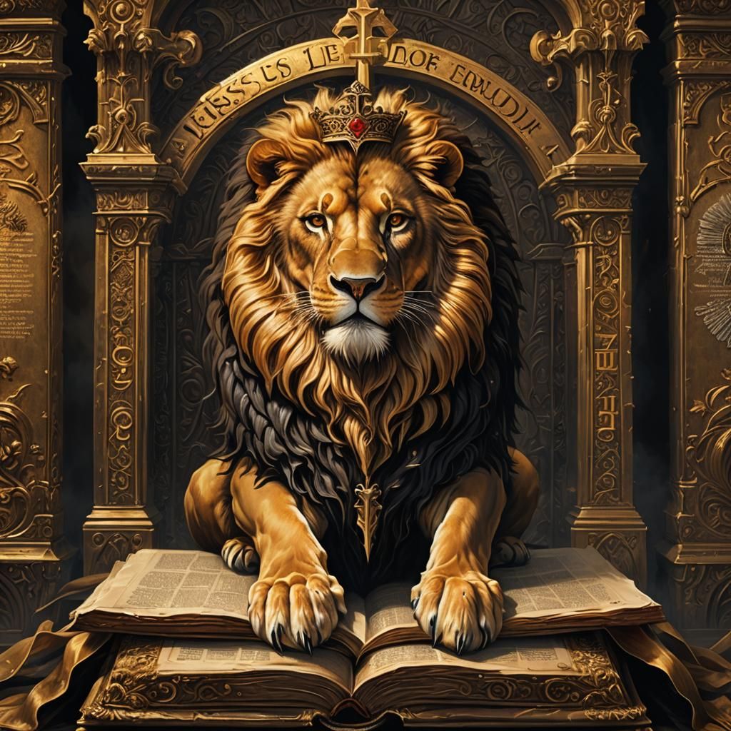 Regal Lion and Bible with Cross in Fantasy Style