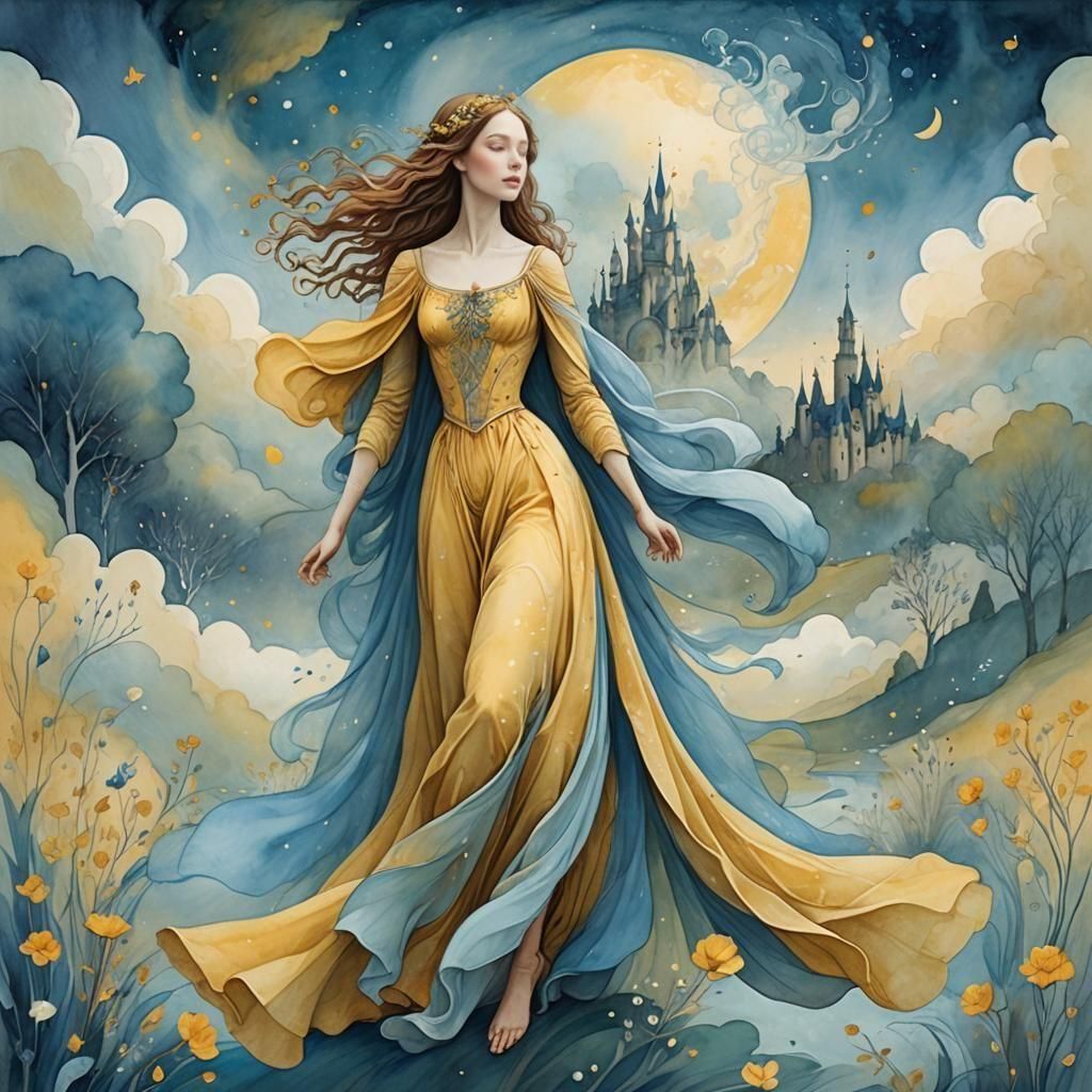 Ethereal Woman in Dreamy Landscape, Whimsical Illustration