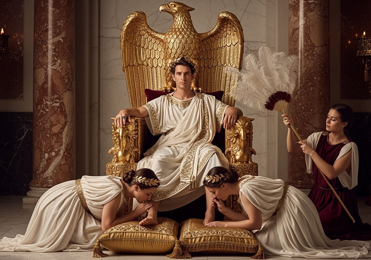 Young Roman Emperor on Eagle Throne in Palace Room