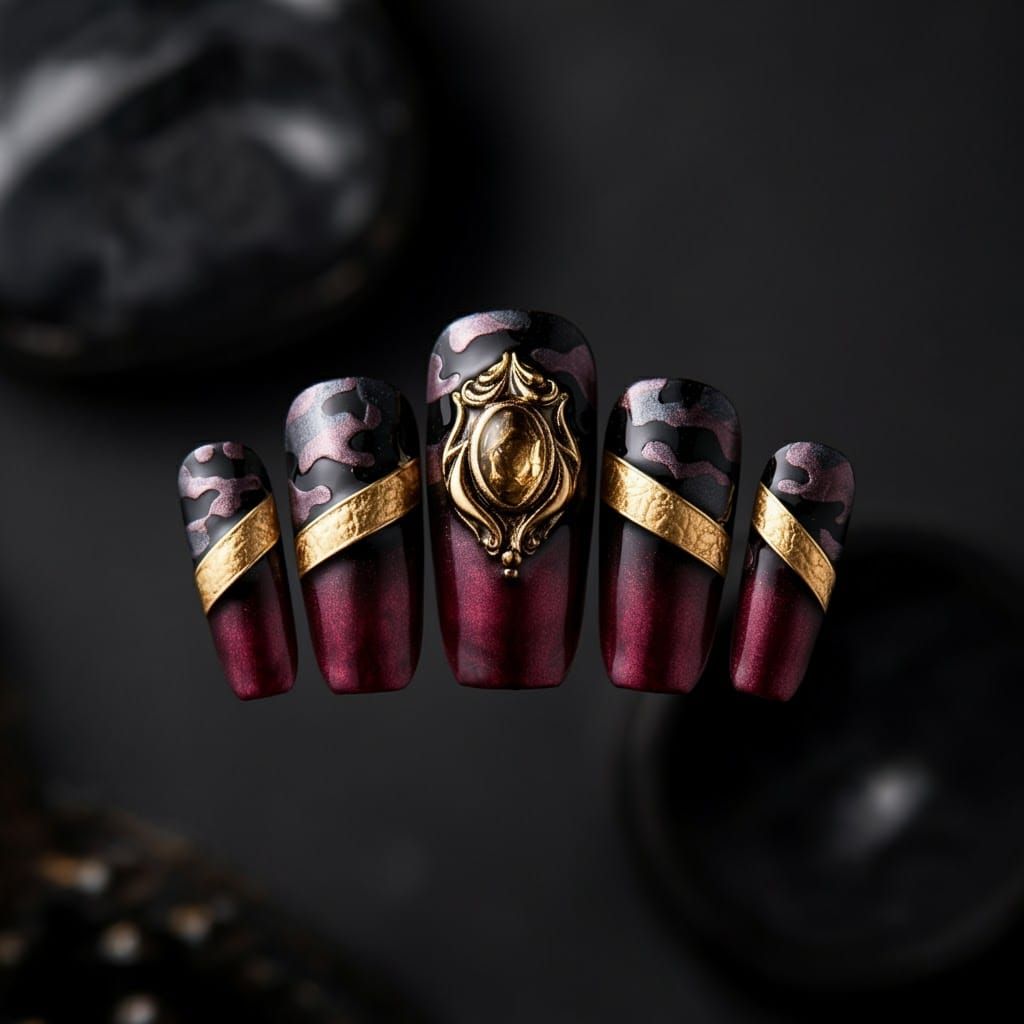 Luxurious Camo Nail Art with Gold Accents