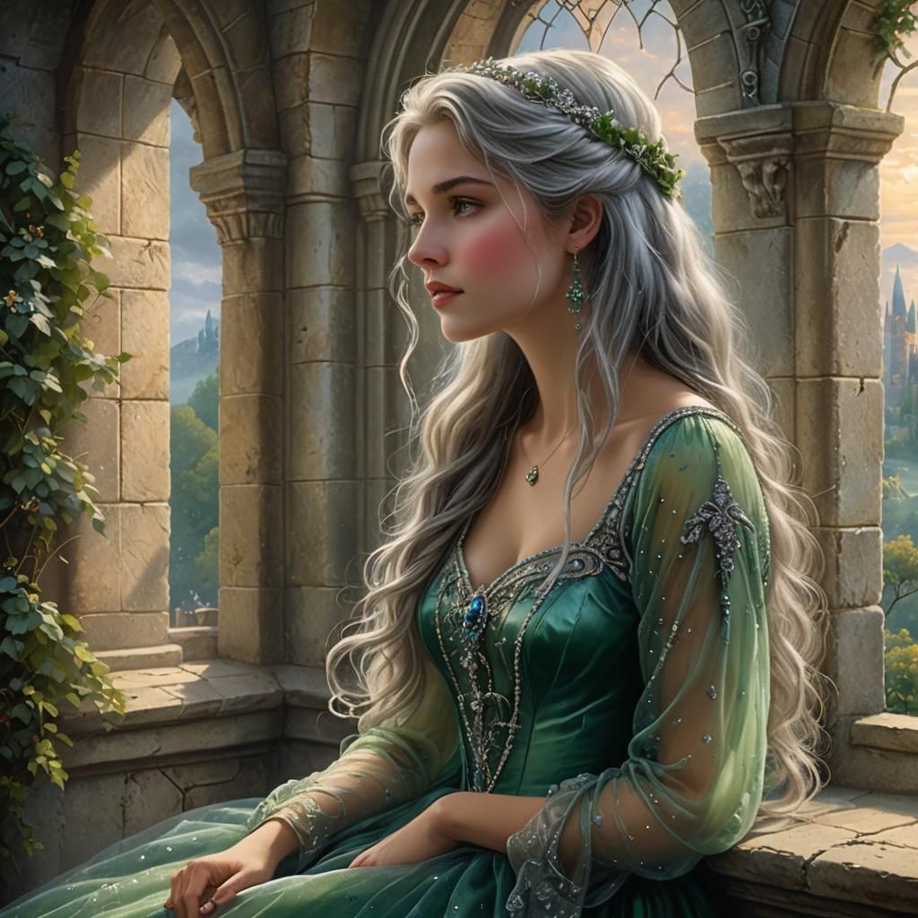 Daydreaming Silver Haired Girl in Royal Gown