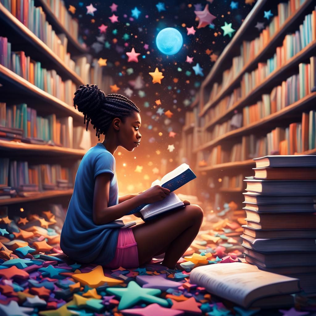 Girl Reading in Crowded Library: Graffiti Art Style