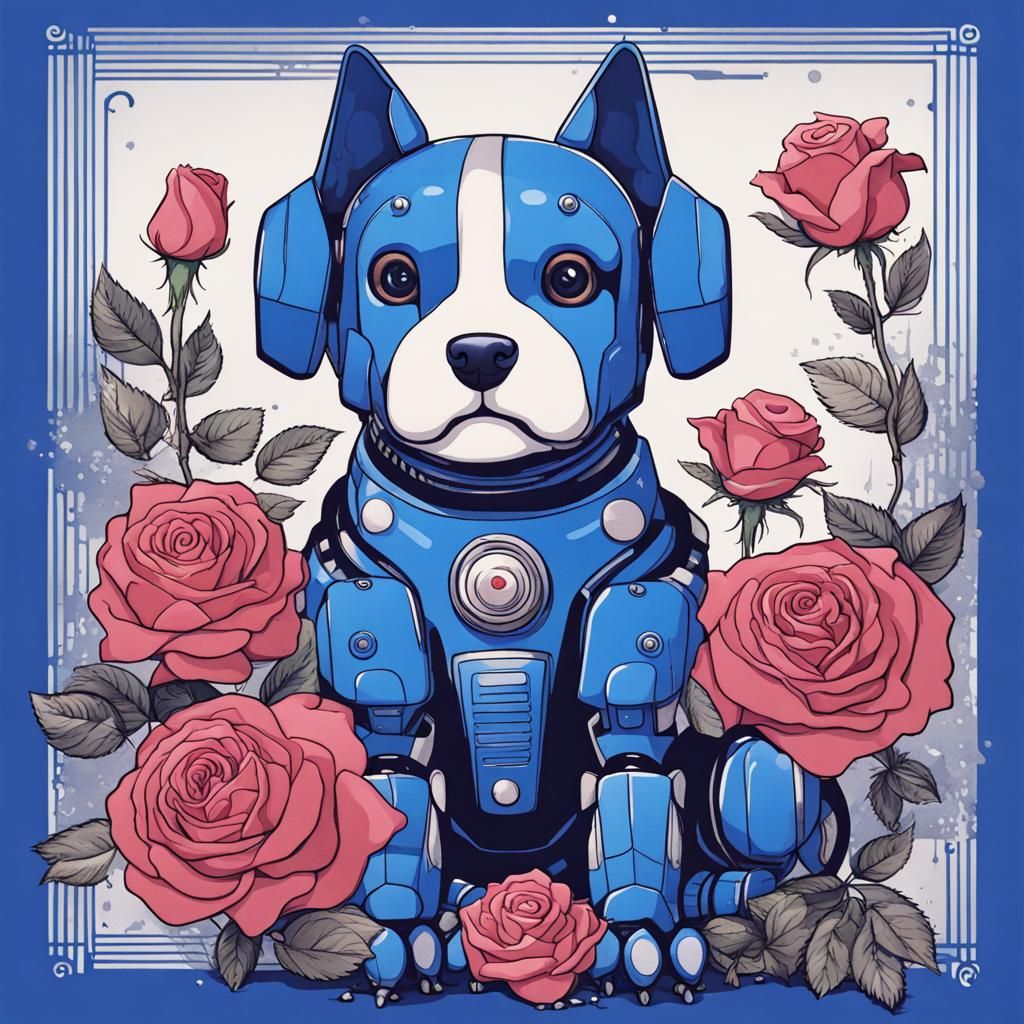 Royal Blue Robot Dog with Rose