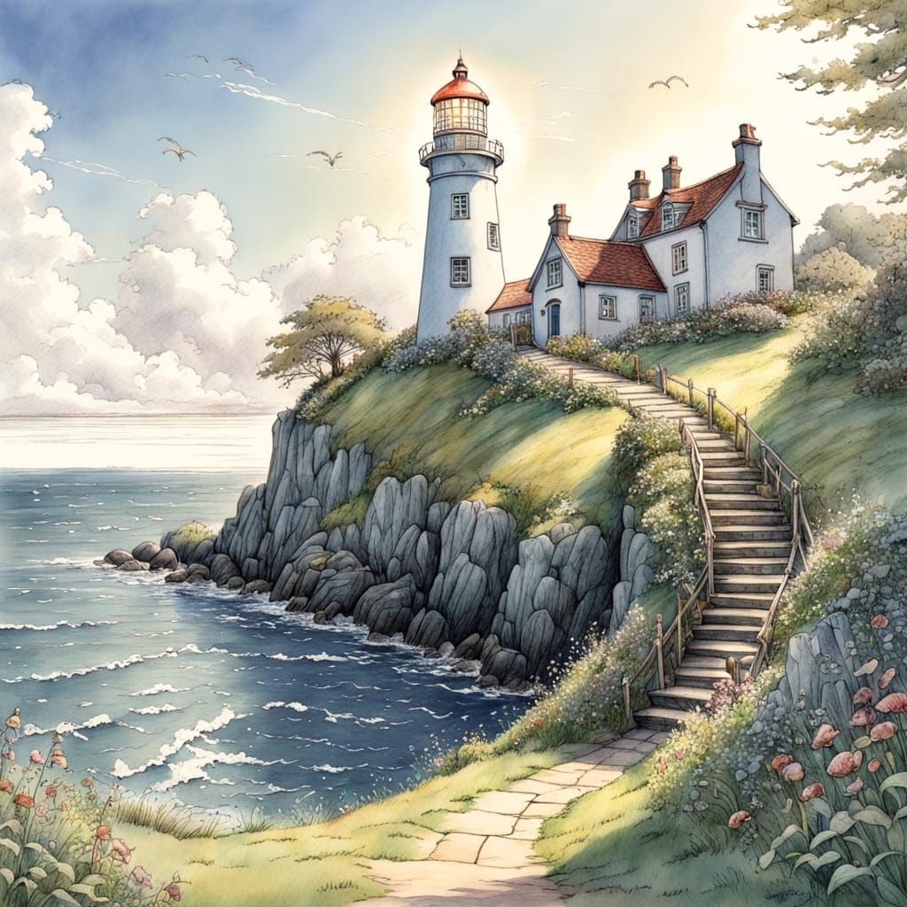 Idyllic Lighthouse in Brambly Hedge Style Pencil Drawing