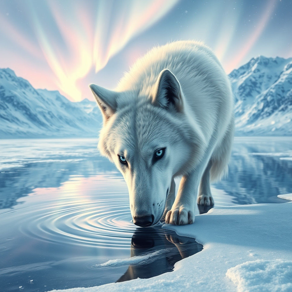 White Wolf at Icy Lake Under Aurora Borealis