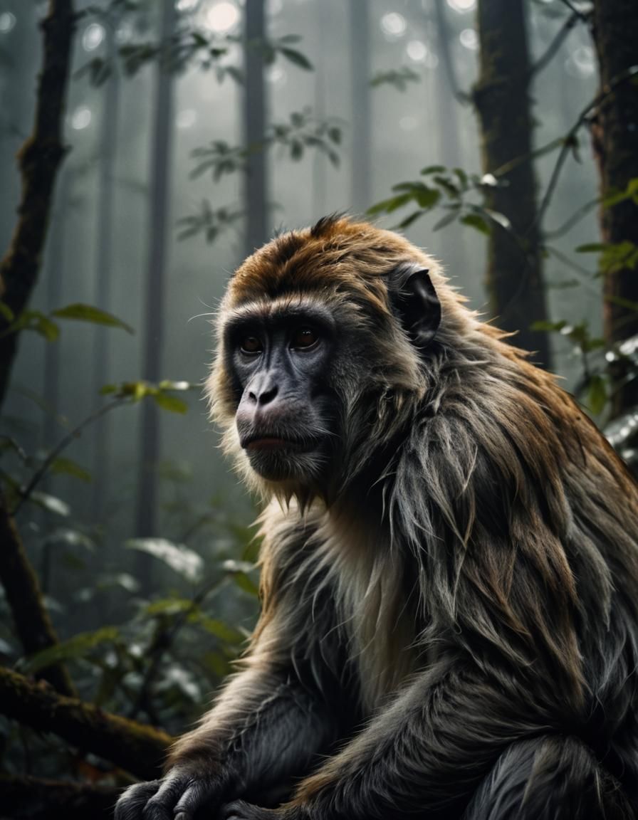 Sad Monkey in Eerie Forest: Cinematic Portrait