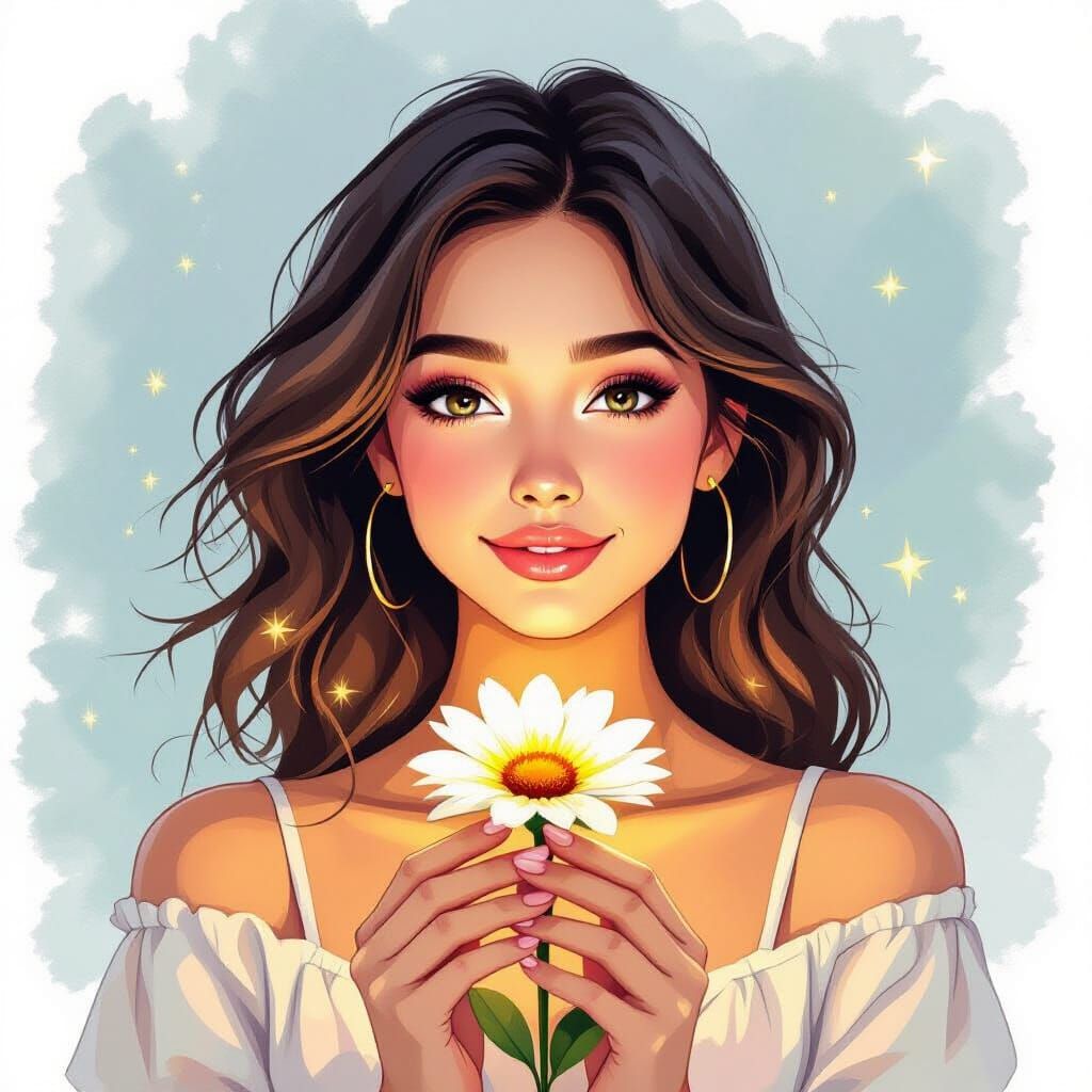 Young Woman Holding Flower with Positive Emotions, Watercolo...