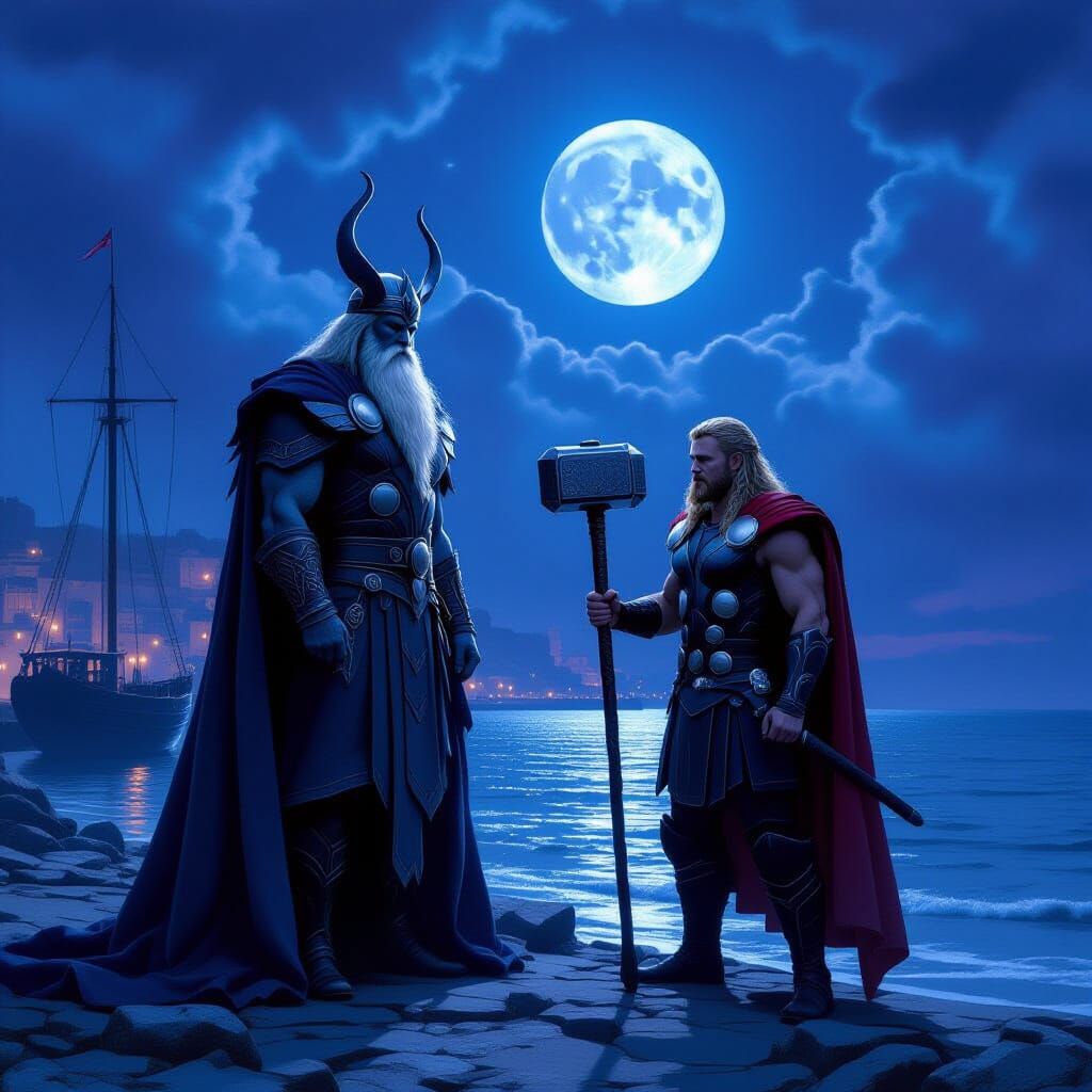 Odin and Thor by Misty Harbor in Surreal Oil Painting