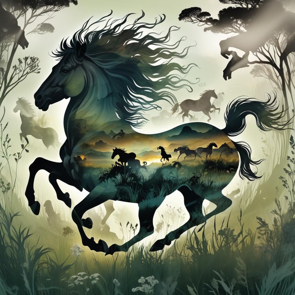 Detailed Centaur Silhouette with Running Horses