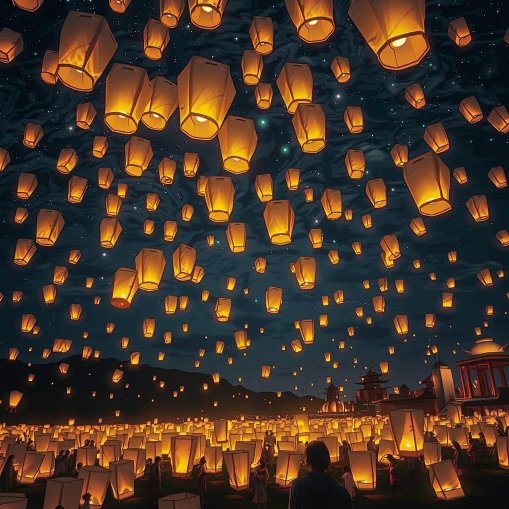 Dreamlike Sky Lanterns in Golden Glow