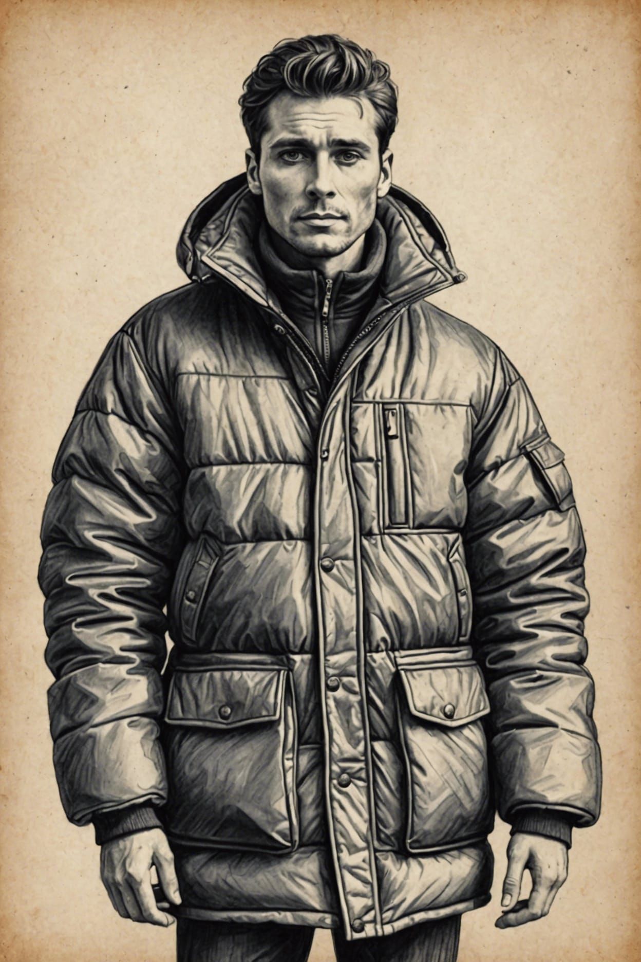 Man in Puffer Coat: Detailed Pencil Sketch