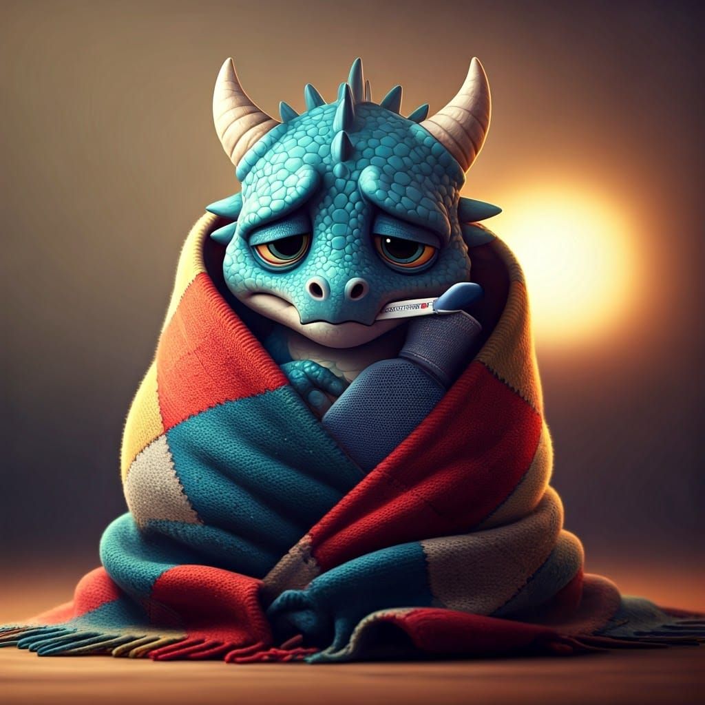 Adorable Sick Dragon with Thermometer and Hot Water Bottle