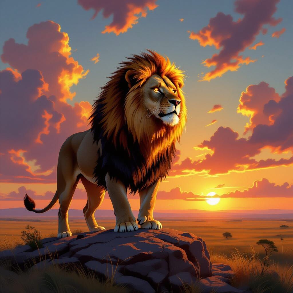 Fiery Lion on Savanna, Hyperrealistic Digital Art
