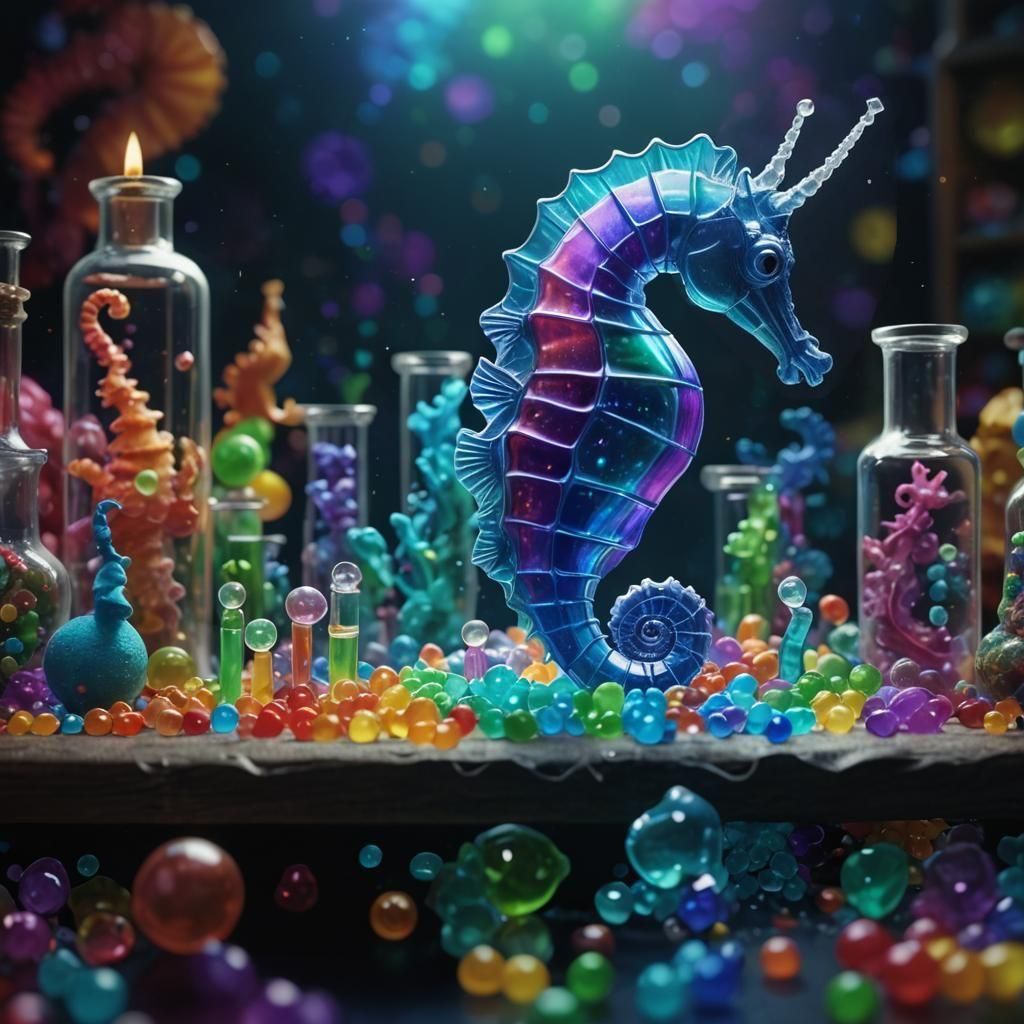 Rainbow Seahorse in Children's Science Lab: Detailed Digital...