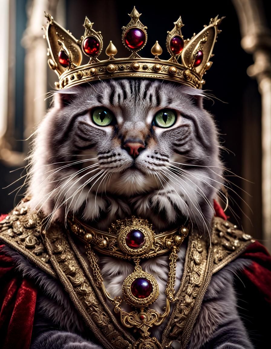 Hyperrealistic Cat King with Crown and Scepter