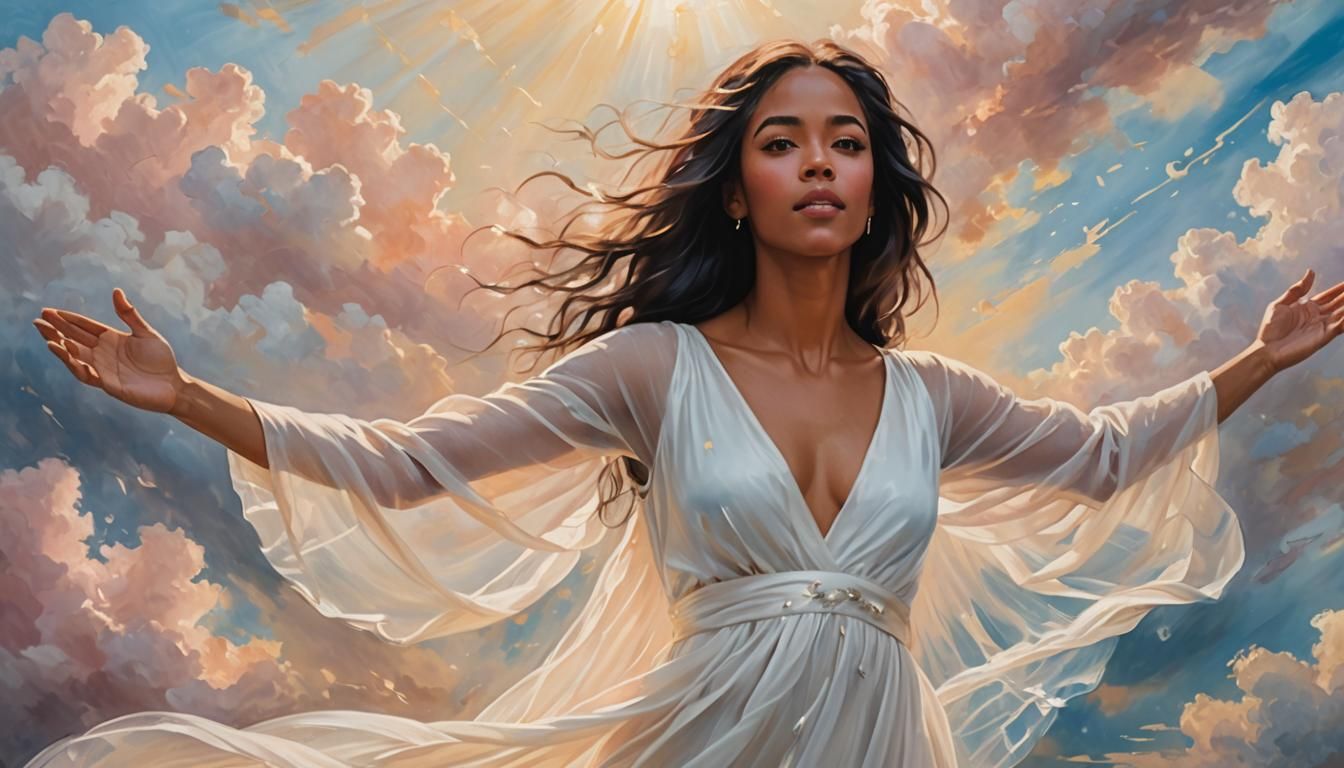 Ethereal Oil Painting: Woman in Clouds