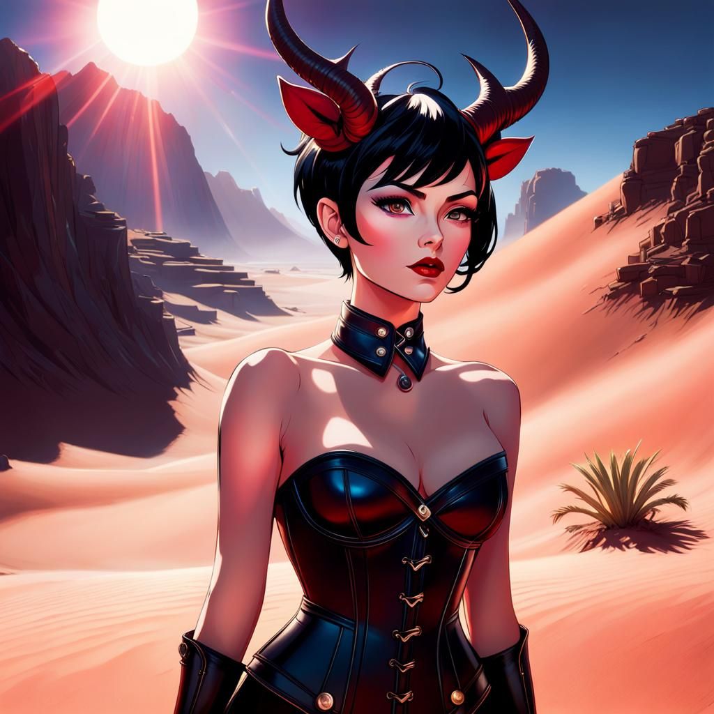 Woman with Antlers on Desert Planet, Jamie Hewlett Style