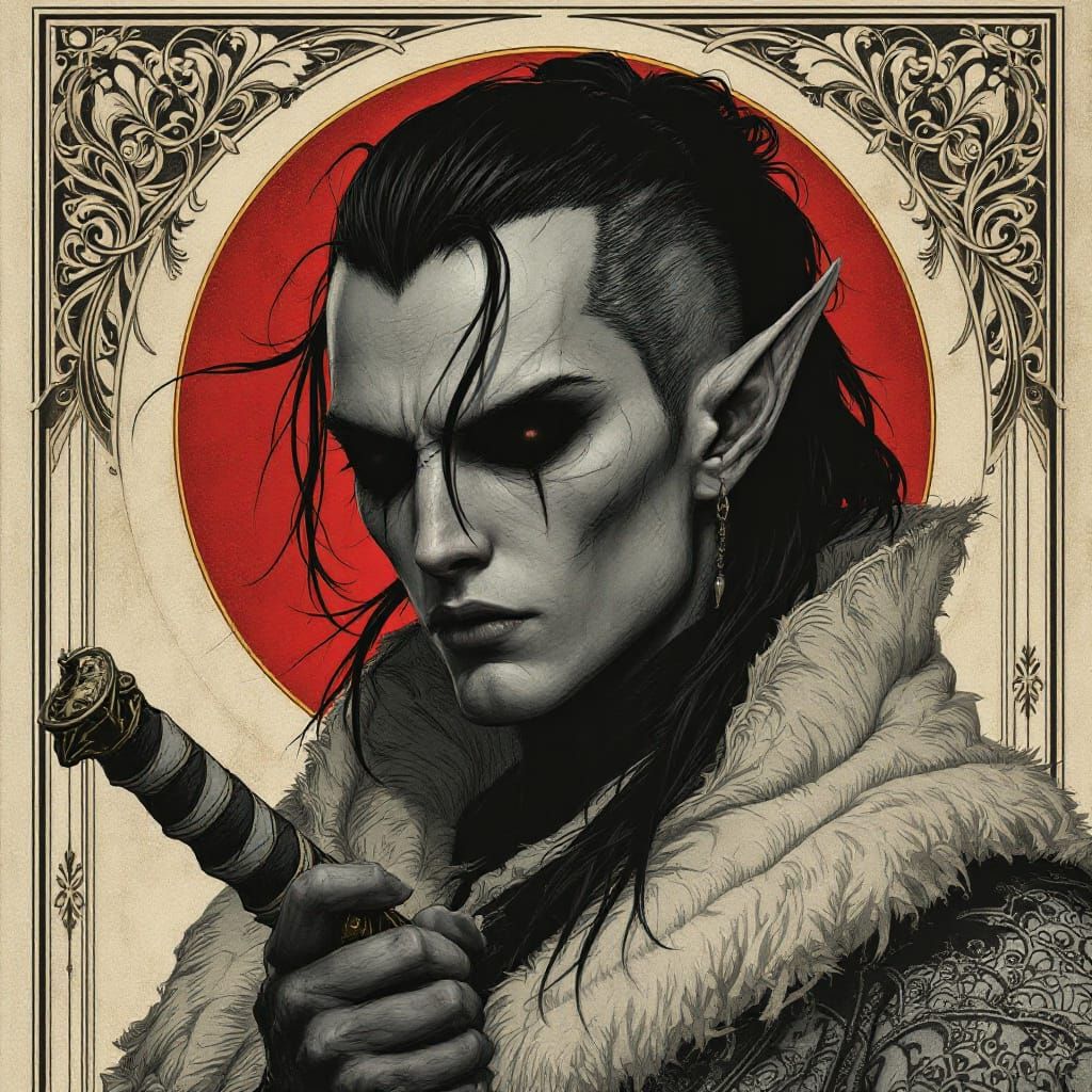 Shadar-kai Fighter Portrait in Art Nouveau Style