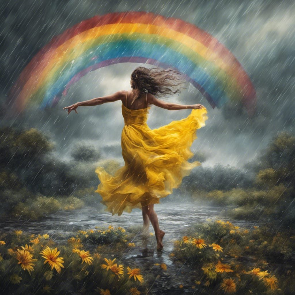 Woman Dancing in Stormy Flower Field, Matte Painting
