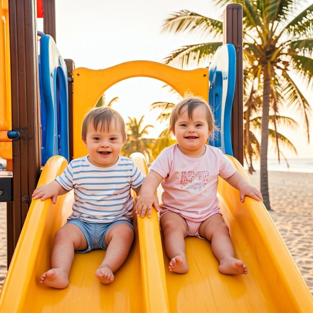 Joyful One-Year-Olds Slide on Beach Playground at Sunrise