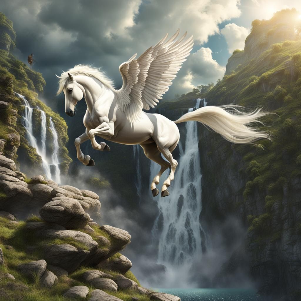 Pegasus Leaps from Cliff into Waterfall Painting