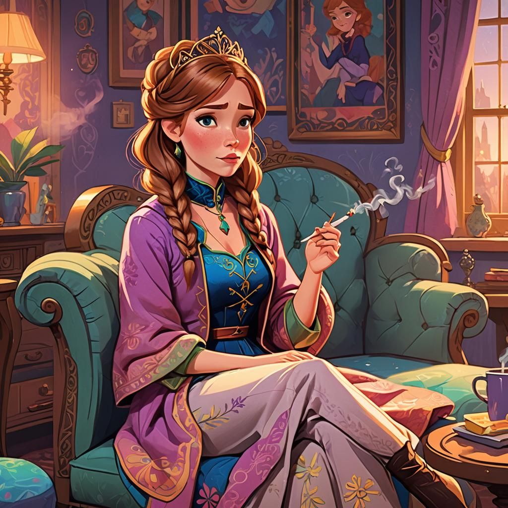 Princess Anna Relaxing in Arendelle Loft, Digital Illustrati...