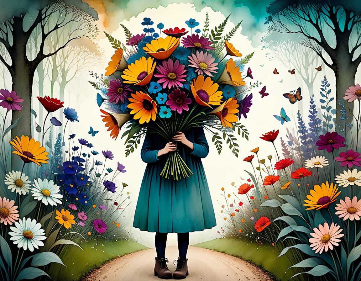 Girl with Flower Bouquet in Magical Garden