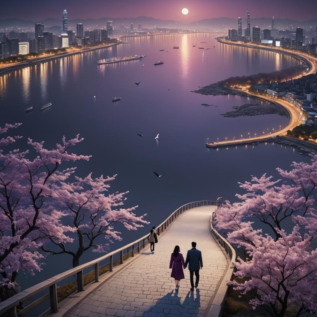 Seoul Couple Under Moonlight: Hyper-Realistic Fantasy Art