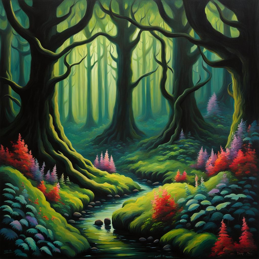 Eldritch Forest Painting in Claymation Style