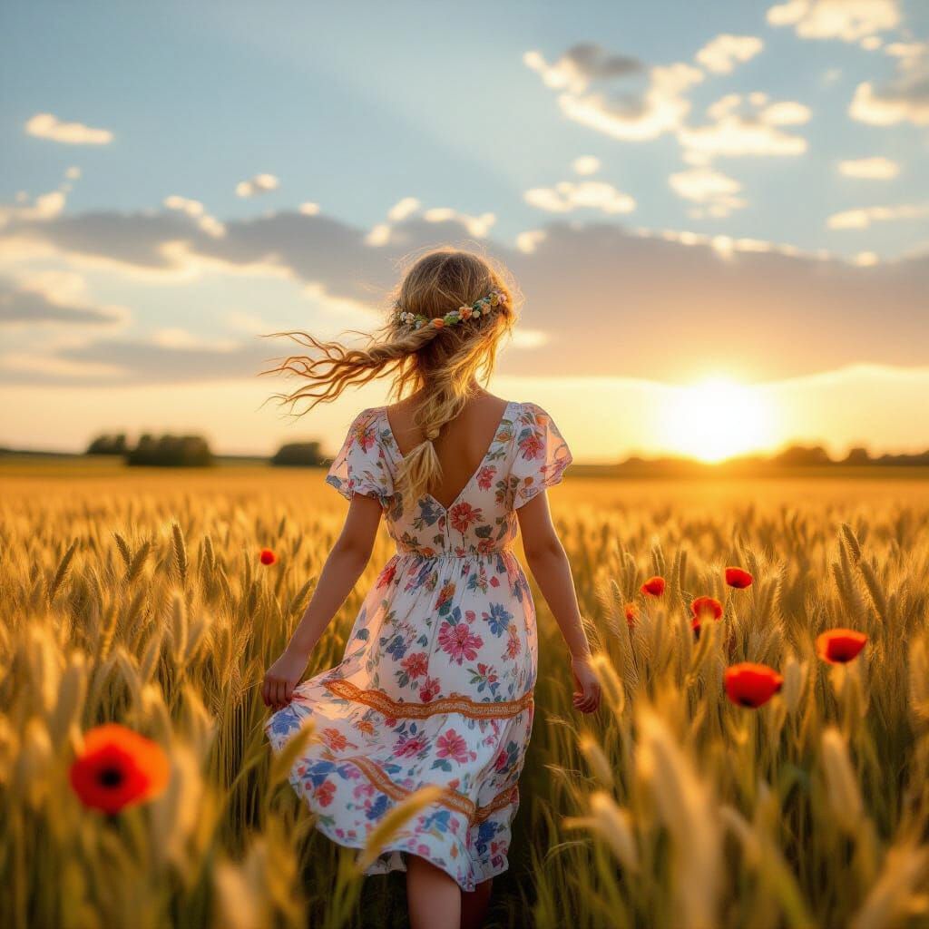 Girl Walking in Wheat Field with Boho Dress