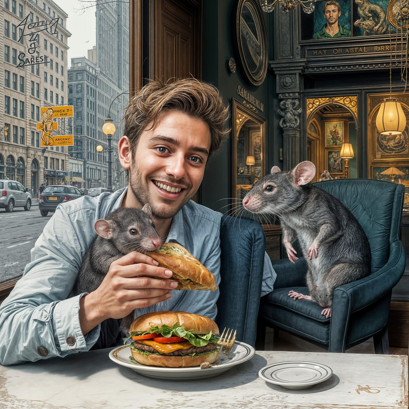 Man Shares Sandwich with Rat, Haring-Van Gogh Style