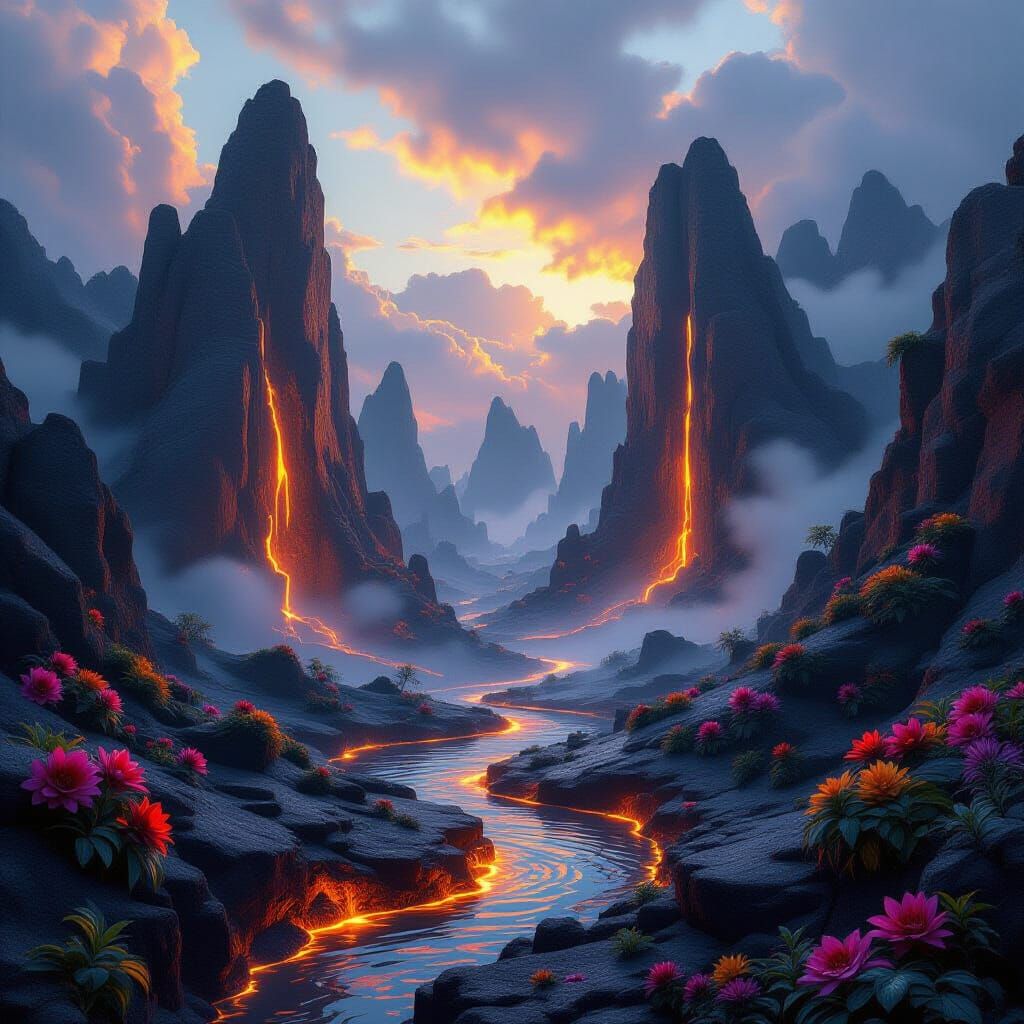 Surreal Landscape: Water, Fire, and Rock Formations