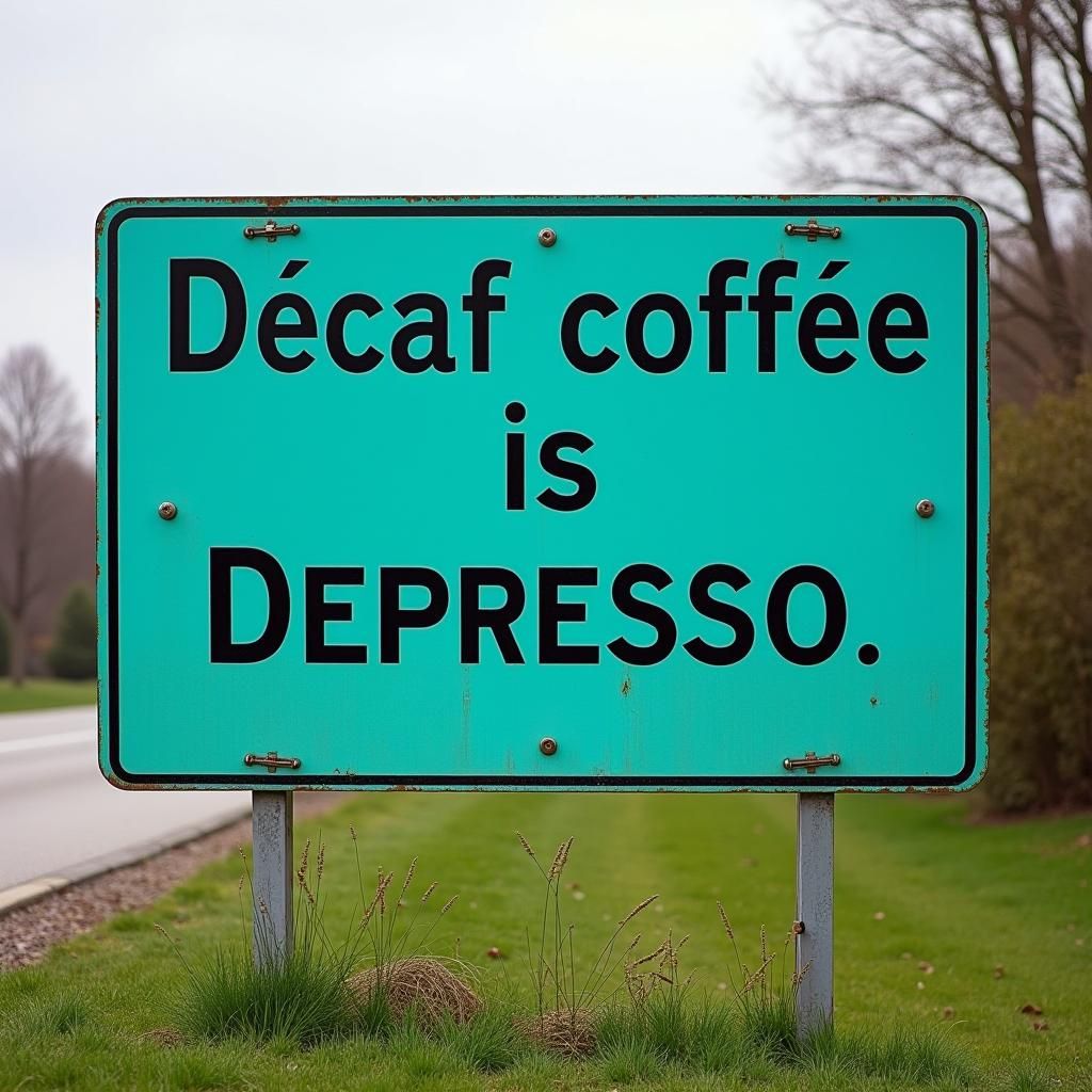Funny Road Sign: Decaf Coffee is Depresso