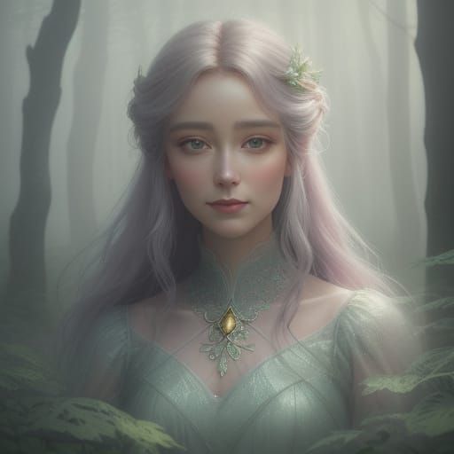 Happy Woman in Misty Ethereal Forest