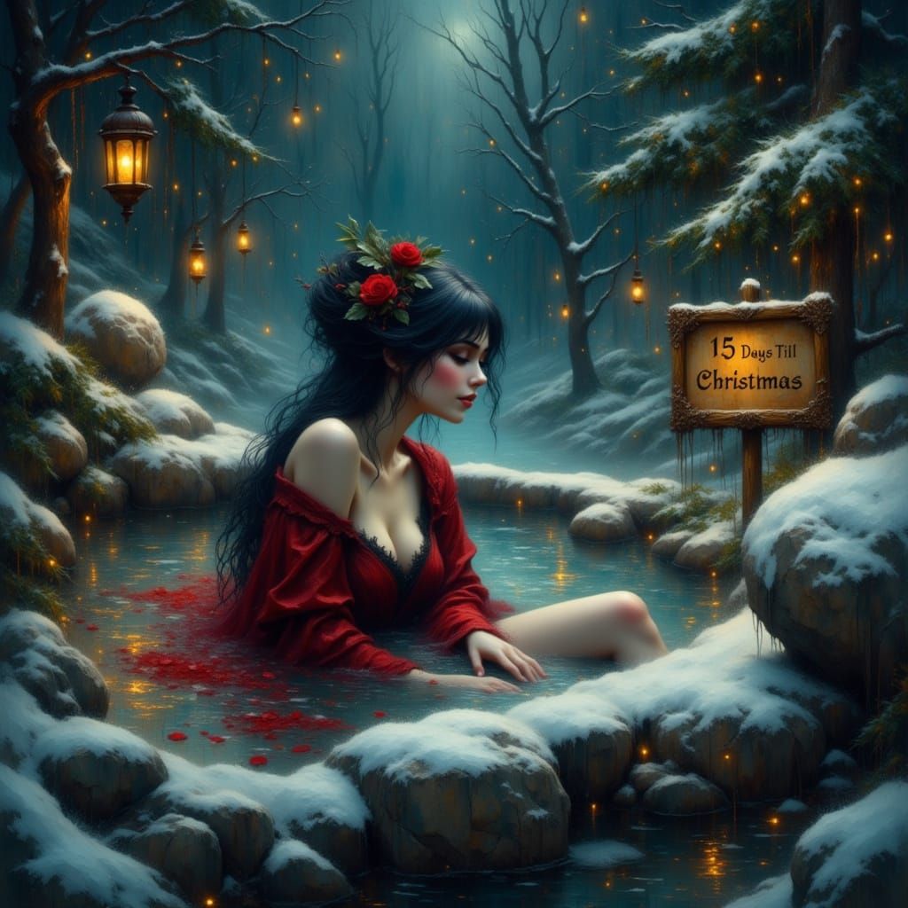 Vampiress Beronica Enjoys Snowy Hot Spring Christmas Scene