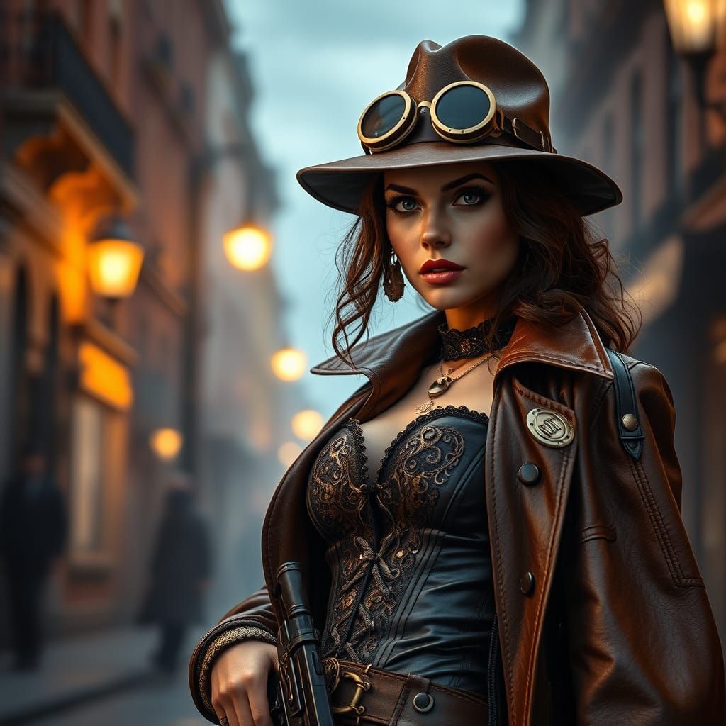 Steampunk Detective in Victorian Era Street Scene