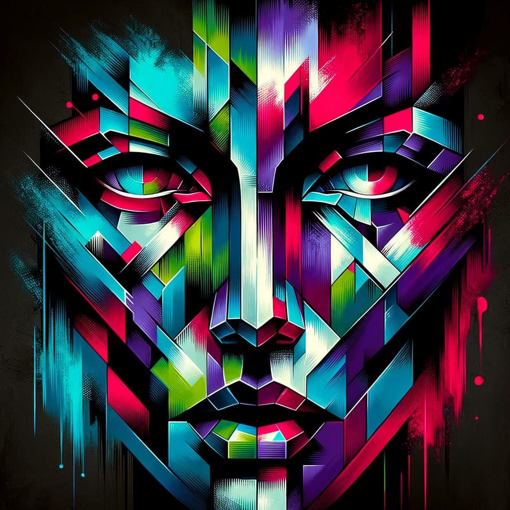 Abstract Cubist Portrait in Neon Colors