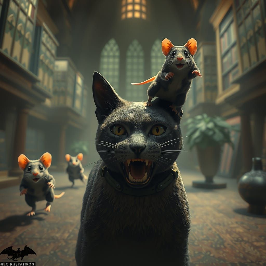 Mice Jockeying Cat in Gothic Library 3D Render