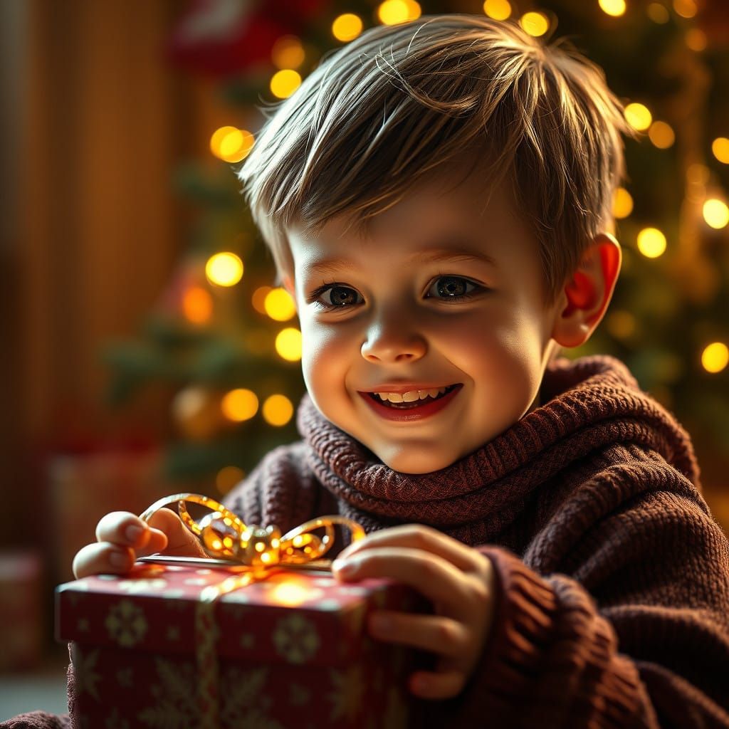 Child's Joyful Christmas Gift Unwrapping Moment