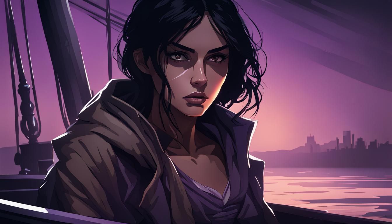 Solemn Assassin Girl in Boat at Night