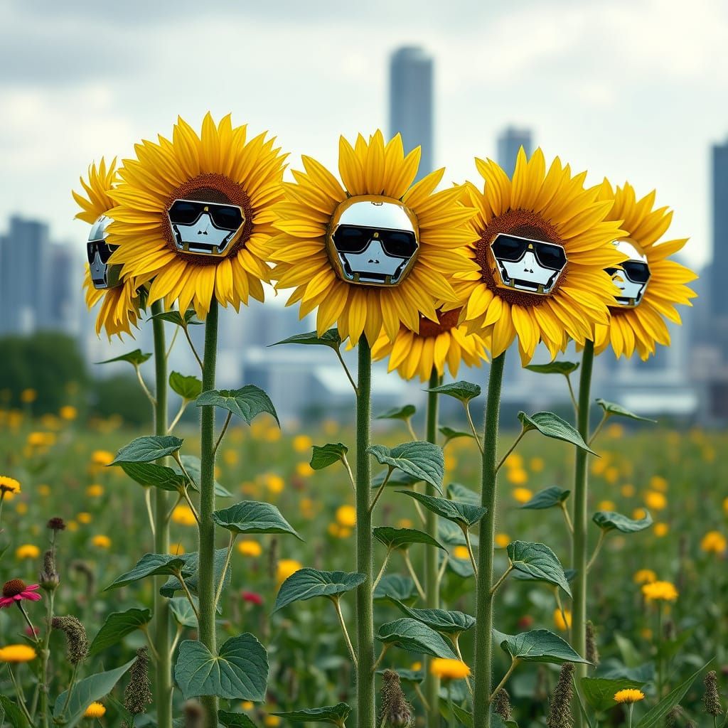 Robotic Sunflowers Sway in a Futuristic Cityscape