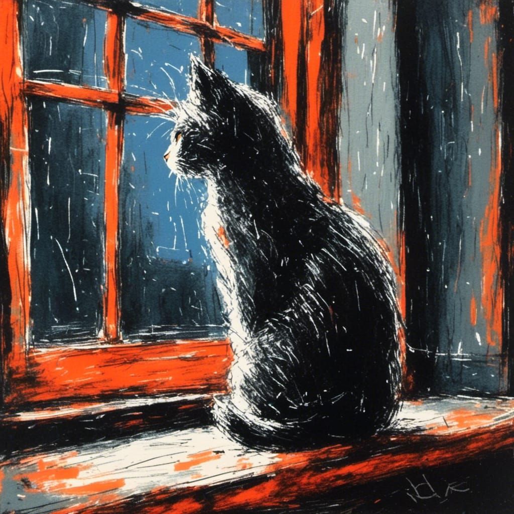 Colorful Cat on Rainy Window Sill in Gouache