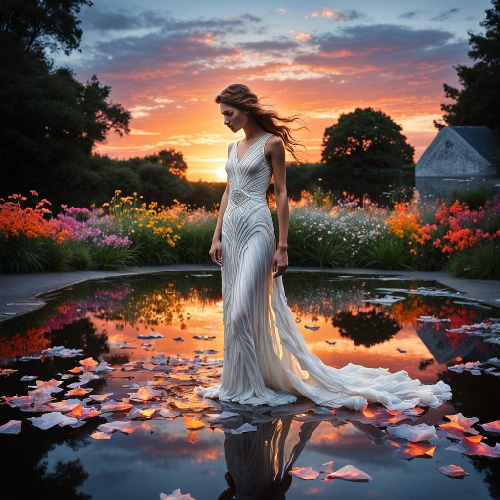 Ethereal Goddess Amidst Vibrant Sunset