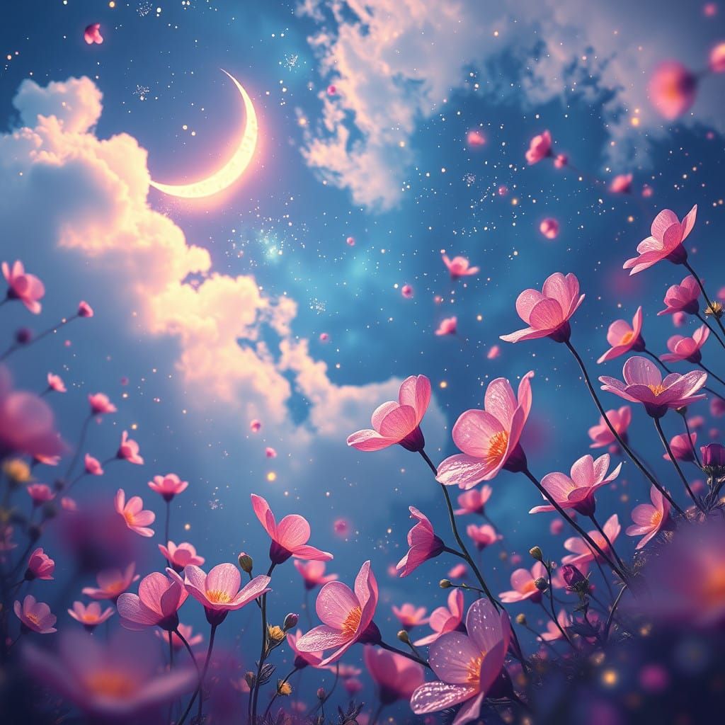 Ethereal Night Sky with Delicate Flowers in Dreamy Blues