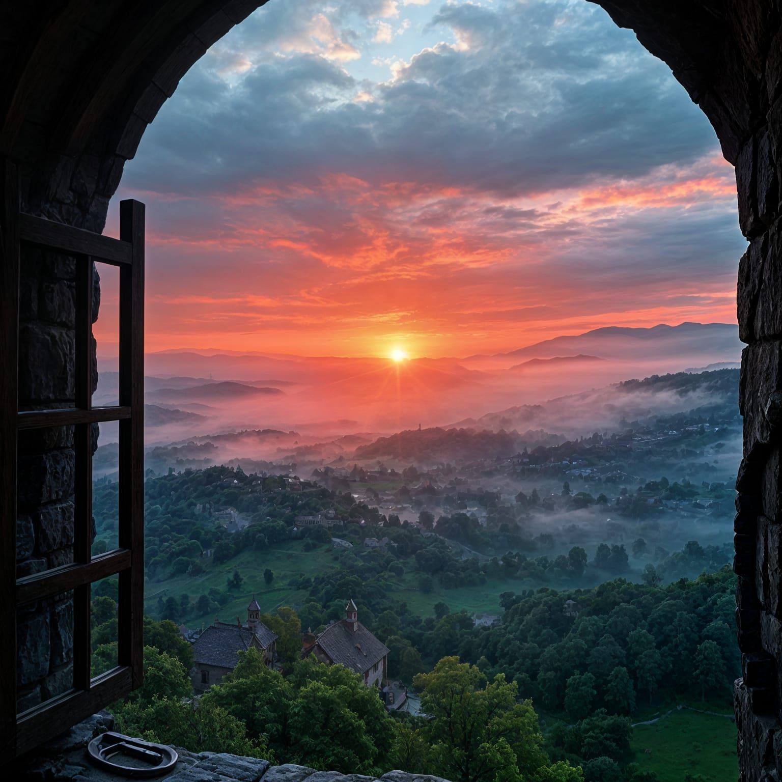 Medieval Castle Window View: Epic Sunrise over Mysterious Va...