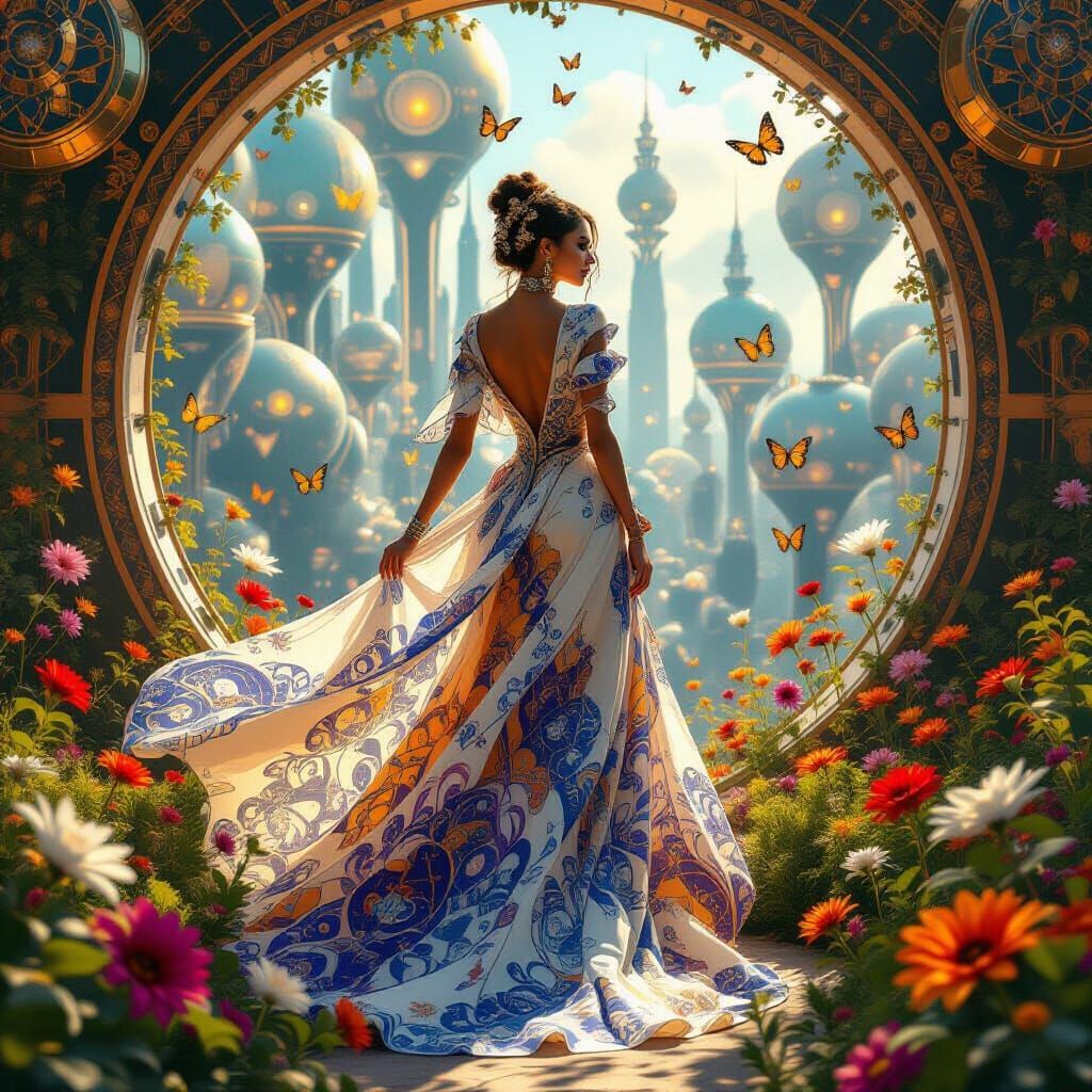 Woman in Fractal Gown in Arcology Bubble City