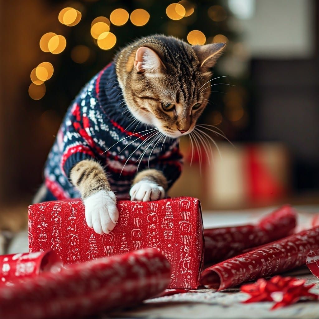 A cat using her claws to open a Christmas present