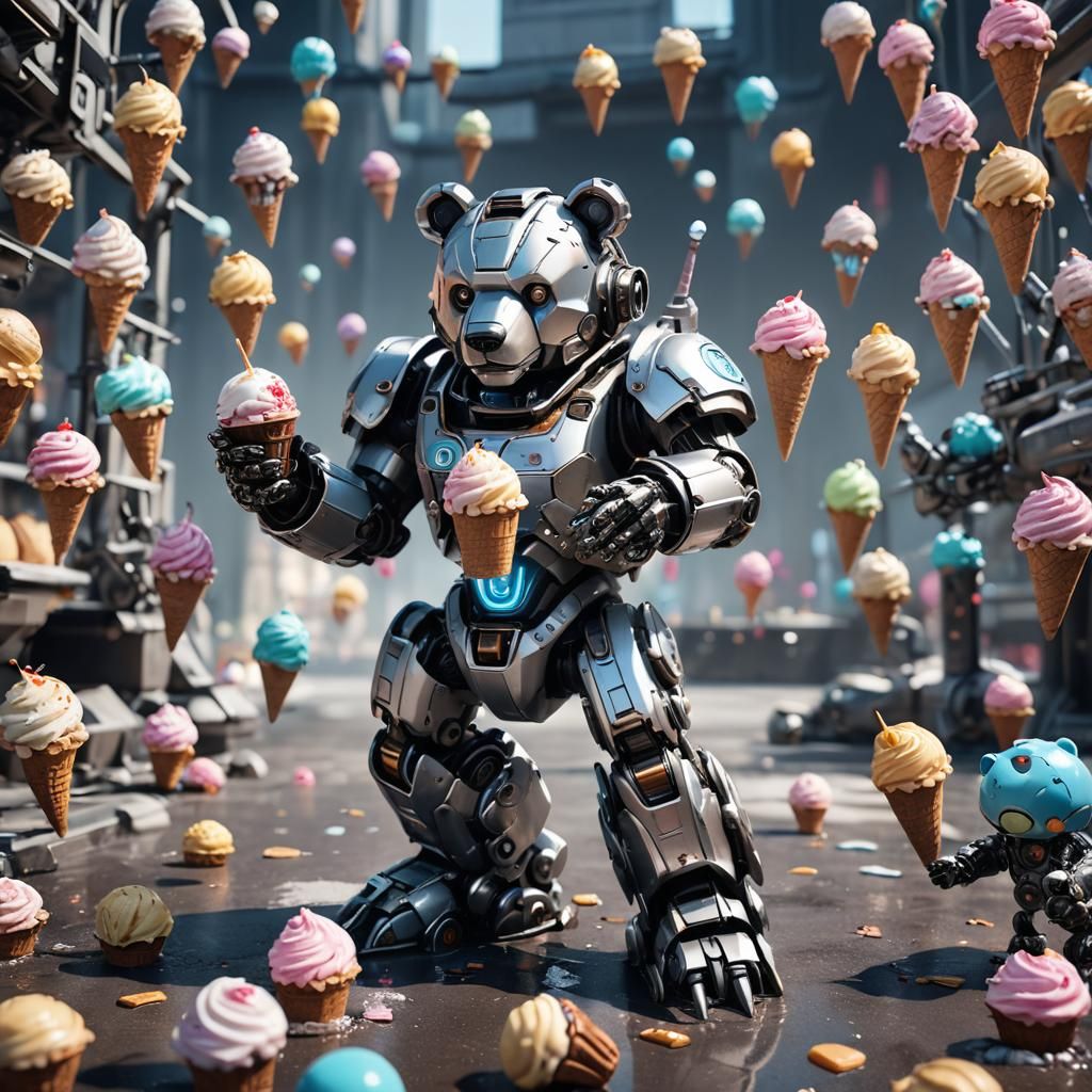 Robot Bear Enjoys Ice Cream in Sci-Fi Style