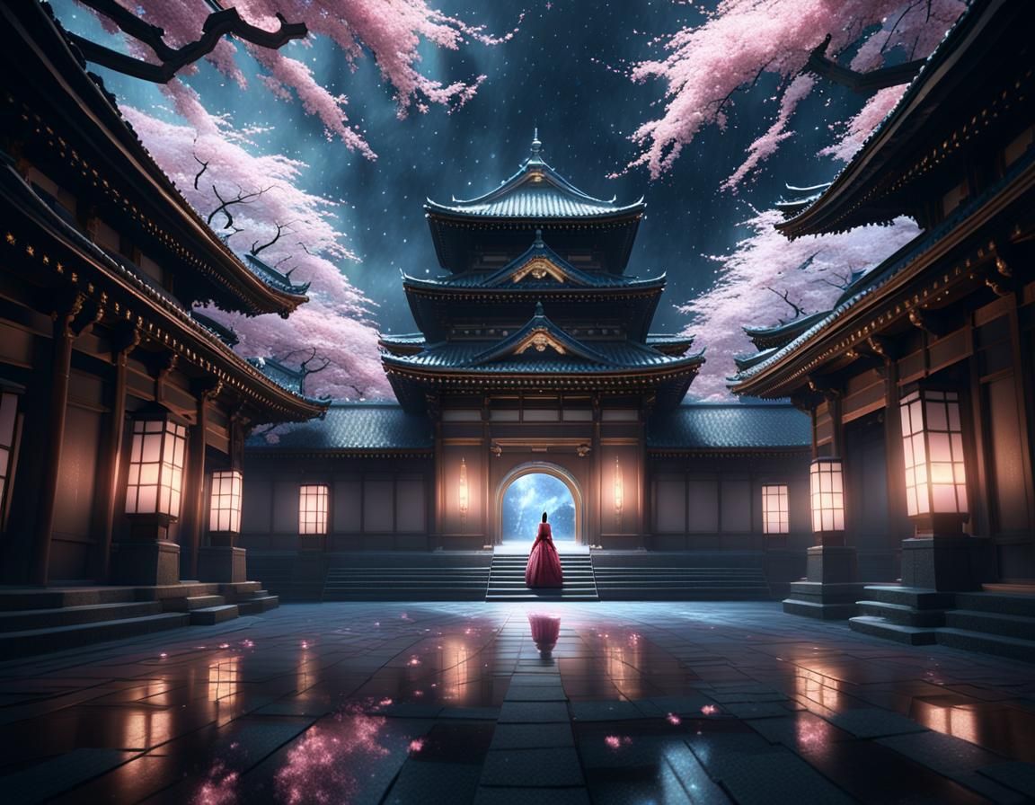 Moonlight Princess in Japanese Castle, Digital Matte Paintin...