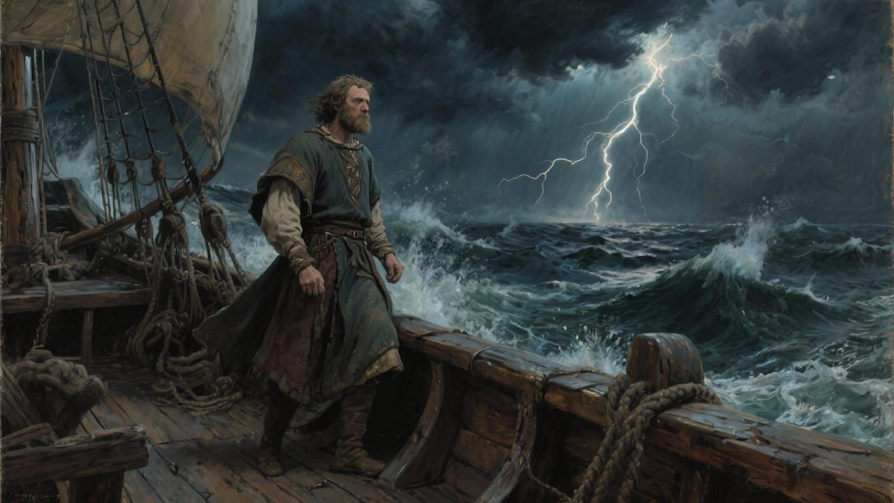 13th Century Man on Stormy Ship Deck